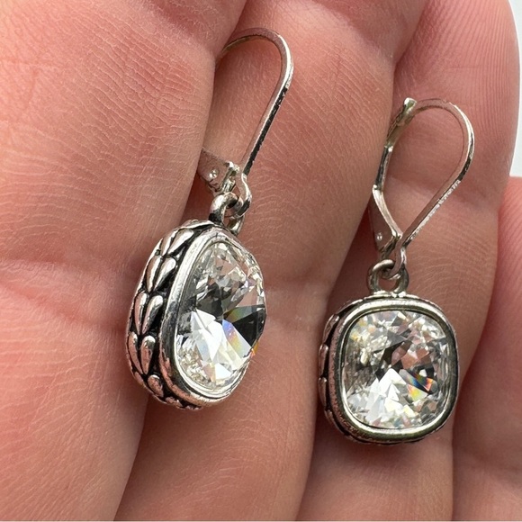 Napier Silver Tone Cushion Cut Crystal Drop Earrings – 0.5” - Picture 2 of 6